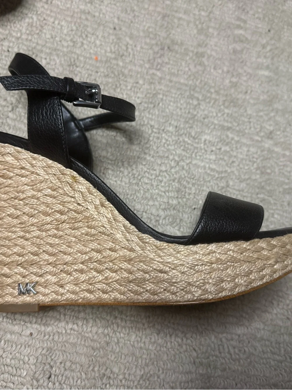 Michael Kors Black Leather Espadrille Wedge Sandals with Ankle Strap